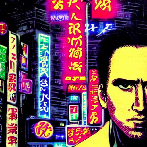 Image similar to beautiful amazing anime portrait painting of nicholas cage in tokyo. neon lights. by hayao miyazaki, katsuhiro otomo, akira toriyama, satoshi kon, eiichiro oda, hideaki anno