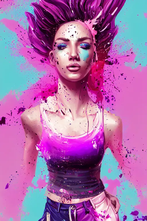 Image similar to a award winning half body porttrait of a beautiful woman in a croptop and cargo pants with ombre purple pink teal hairstyle with head in motion and hair flying, paint splashes, splatter, outrun, vaporware, shaded flat illustration, digital art, trending on artstation, highly detailed, fine detail, intricate