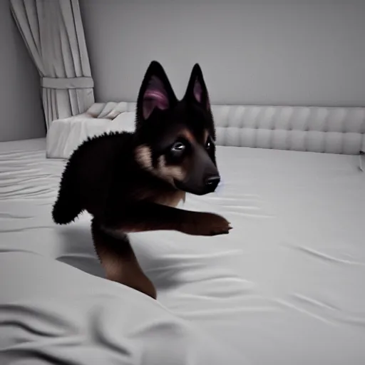 Image similar to in my bedroom my gsd puppy gets the zoomies and jumps around on the bed that has a color comforter, high energy, frenetic craziness, running, jumping, chasing, 3 d octane render, imax 7 0 mm, rtx,