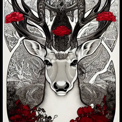 Image similar to black and white deer, with highly detailed with red flowers, long flowing mane and tail, ultra high detail, symmetry, in a hellscape, detail art style of alfons maria mucha, and peter mohrbacher atyles god lighting