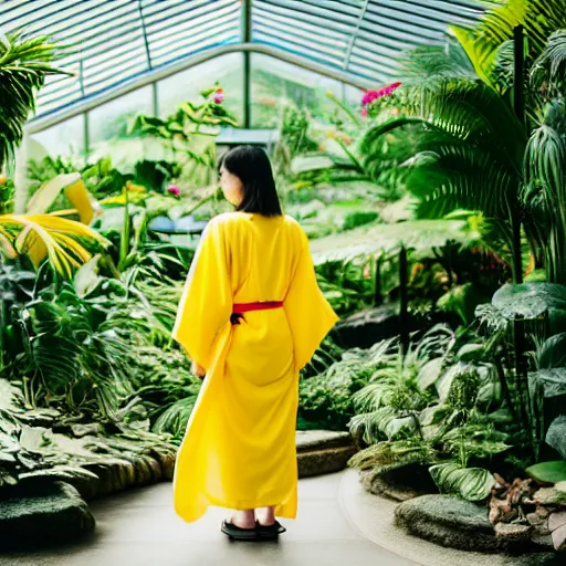 Prompt: photo. of a young woman!!! wearing a yellow kimono in a tropical greenhouse, super resolution. 35 mm lens, bokeh