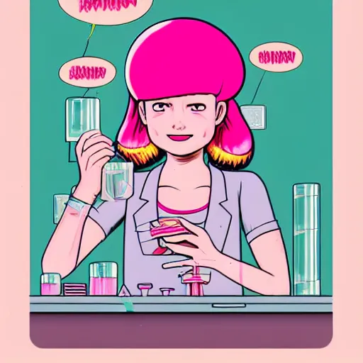 Prompt: realistic retro colored illustration of princess bubblegum by junji ito, with pink hair made of bubblegum, confident scientist performing experiments in her lab, dark retro pulp sci - fi