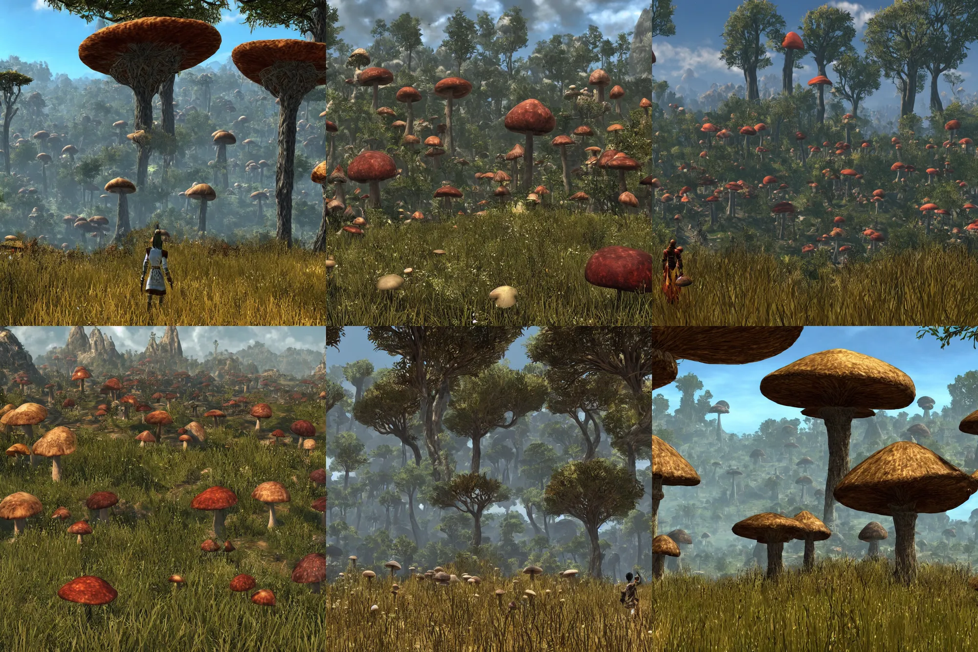 Prompt: screenshot of the video game morrowind 2 with a gorgeous view and large mushrooms in the horizon, incredible graphics, first person view, 4 k