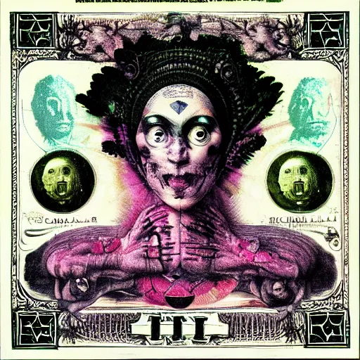 Image similar to post - punk new age album cover, asymmetrical design, dollar bank notes, capitalism, magic, apocalypse, psychedelic, black white pink, magic, giger h. r., giuseppe arcimboldo