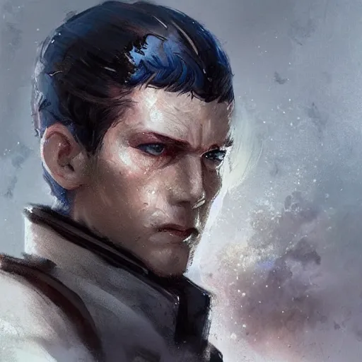 Prompt: portrait of a man by greg rutkowski, blue skin, red eyes, short black hair in military style, tall, star wars expanded, universe, he is about 5 0 years old, wearing white colored imperial admiral uniform, artstation hq