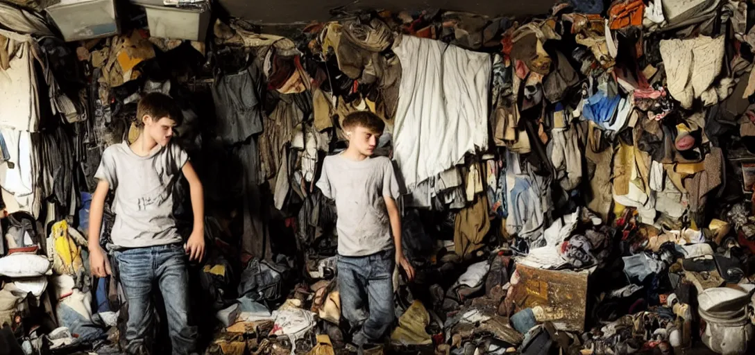 Prompt: a teenage boy at his back entering in a hoarder's room, dark atmosphere