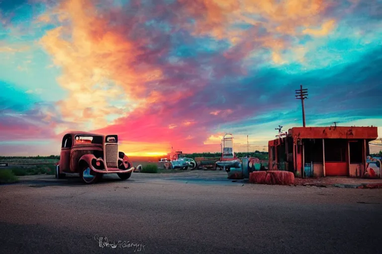 Image similar to a sunset light landscape with historical route 6 6, lots of sparkling details and sun ray ’ s, blinding backlight, smoke, volumetric lighting, colorful, octane, 3 5 mm, abandoned gas station, old rusty pickup - truck, beautiful epic colored reflections, very colorful heavenly, softlight