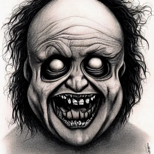 Prompt: grunge drawing of Danny DeVito by - Zdzisław Beksiński , corpse bride style, horror themed, detailed, elegant, intricate