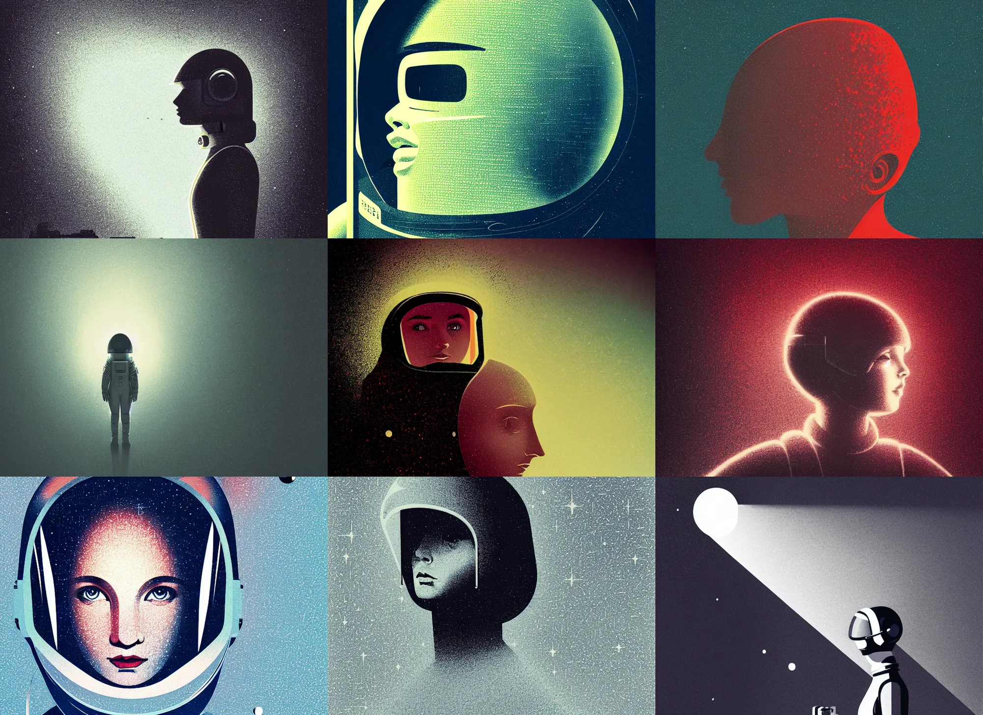 Prompt: ( ( dither ) ), editorial illustration portrait of a young astronaut girl, modern art deco, mads berg, karolis strautniekas, christopher balaskas, stippled light, moody, fine texture, dramatic lighting, dynamic composition, detailed, matte print, dynamic perspective, muted color