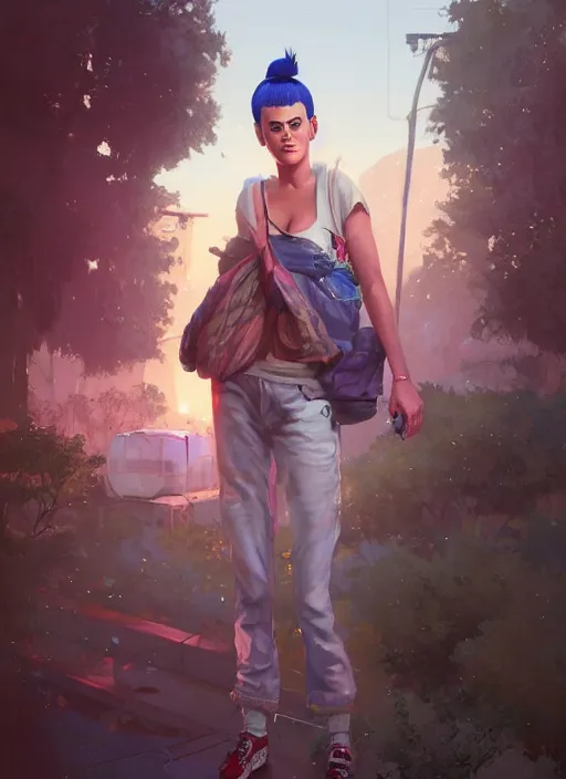 Image similar to Highly detailed full-body portrait of homeless Katy Perry, in GTA V, Stephen Bliss, unreal engine, fantasy art by Greg Rutkowski, Loish, Rhads, Makoto Shinkai and Lois van baarle, ilya kuvshinov, rossdraws, Tom Bagshaw global illumination, radiant light, detailed and intricate environment