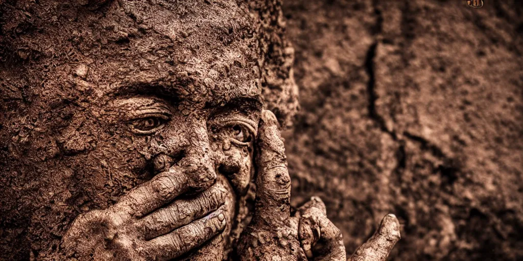 Prompt: highly detailed photography of a men made of rust clay, big rocks, hand gesture, sharp focus, clay texture, dramatic scene, aesthetic, dynamic lighting, elegant, harmony, masterpiece, by javier marin, high quality, spatula