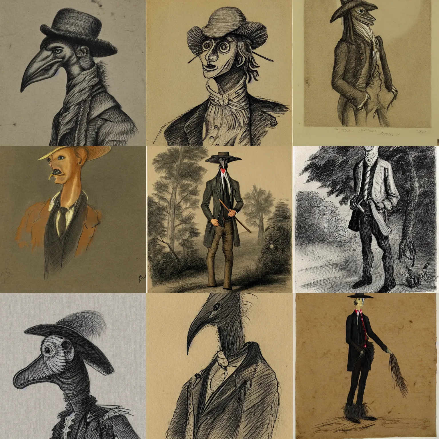 Prompt: crow - like humanoid with long neck and equine face, forest of neckties, straw hat and overcoat, bucolic, rococo, sketch