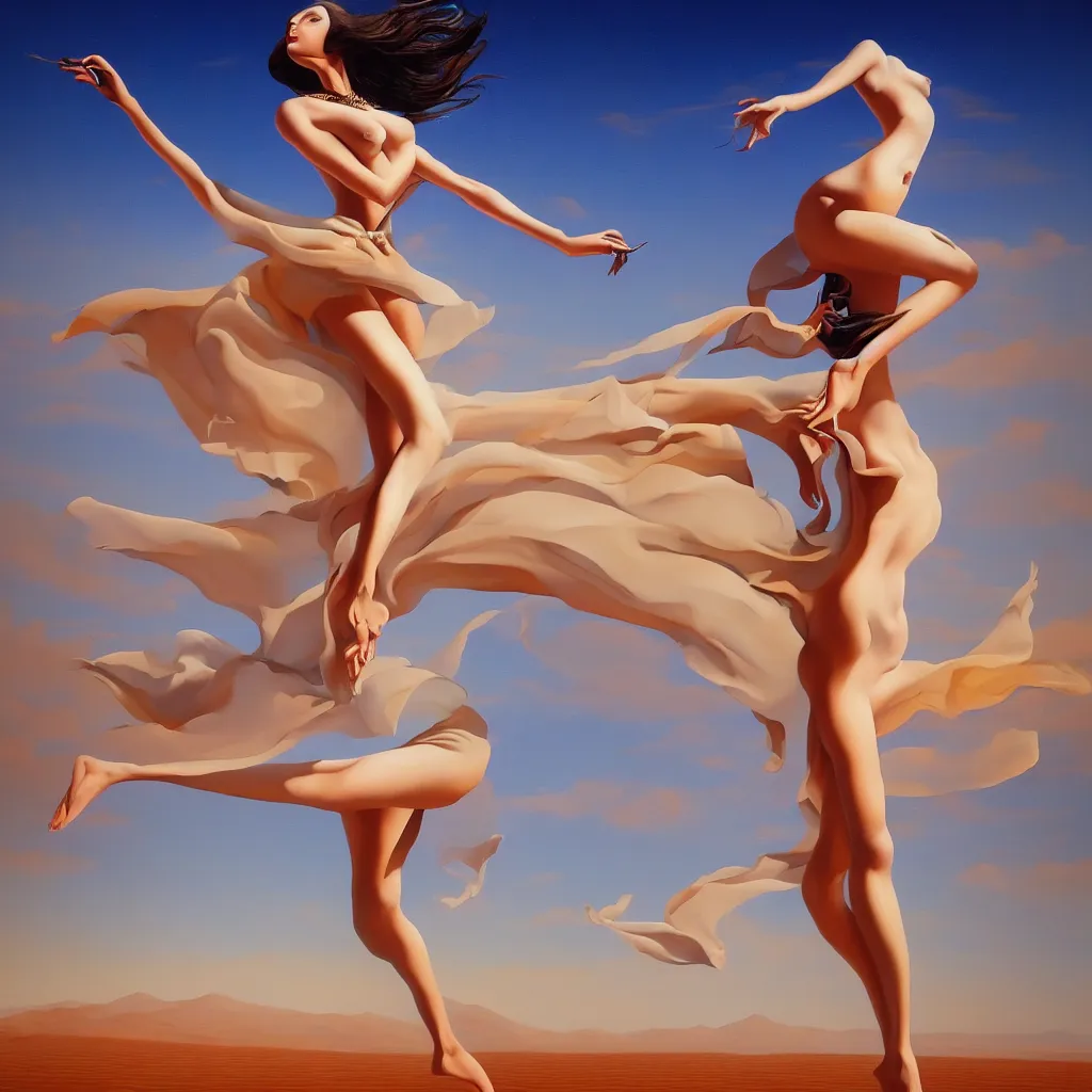 Prompt: seductive goddess dancing in desert, in the style of dali, oil on canvas, masterpiece, trending on artstation, featured on pixiv, cinematic composition, beautiful lighting, sharp, details, hyper - detailed, hd, hdr, 4 k,