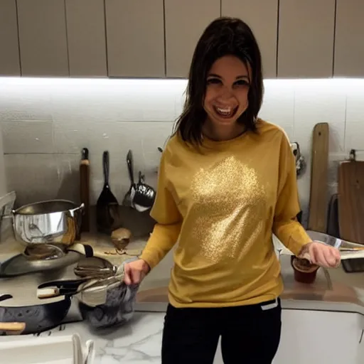 Image similar to a selfie of a brunette female, young, athletic, australian, wearing a gold tshirt in a kitchen