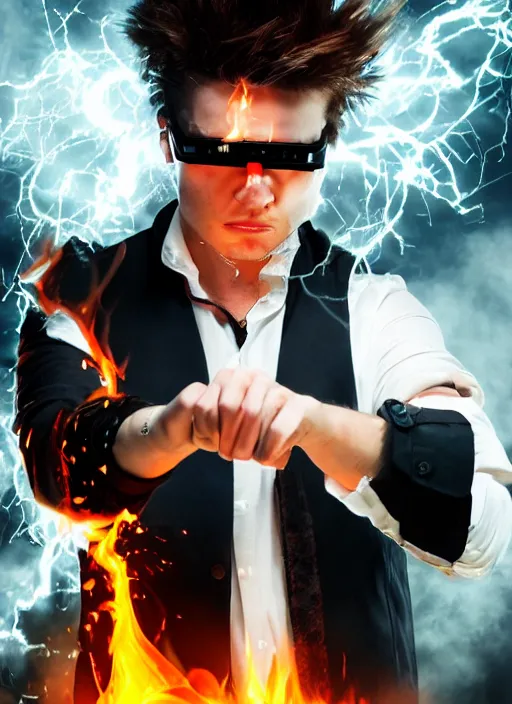 Prompt: photorealistic young man with red spiked long hair, using googles. Wearing black waistcoat, white shirt. throwing fire blast from his hands. rockstar. dynamic lightning. rpg portrait