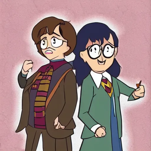 Prompt: Harry Potter, Ron and Hermiona in a DuckTales style