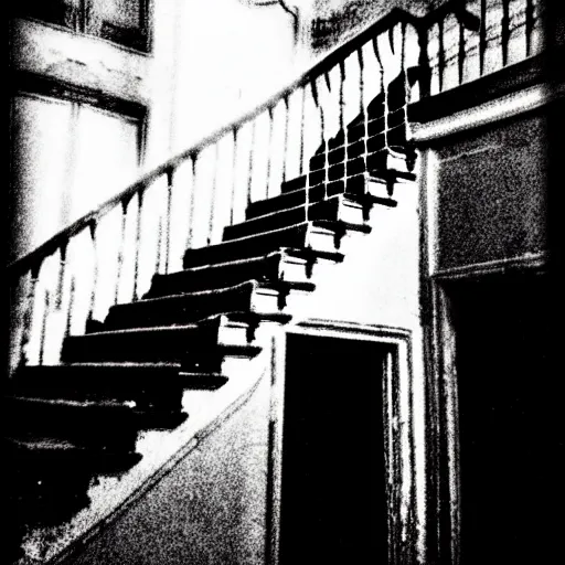 Prompt: grainy photograph of a dark and dilapidated staircase with 2 1 savage sitting on the bottom step, positioned at the bottom step looking up the staircase, a ghost inn the darkness at the top of the stairs
