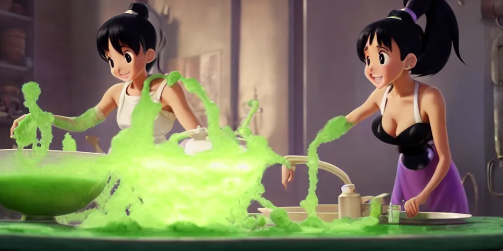 Image similar to a wholesome animation key shot of a ariana grande with black hair as a witch cooking a magic potion in her cauldron of bubbling green liquid as her cats watch, medium shot, waist up, studio ghibli, pixar and disney animation, sharp, rendered in unreal engine 5, anime key art by greg rutkowski, bloom, dramatic lighting