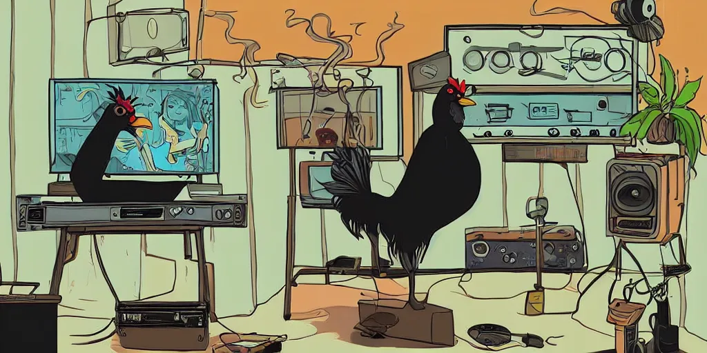 Image similar to ' black chicken '!!! smoking'cannabis!!!!!!'in front of'radio console '!!!! and'multi monitors!!!!!!'in a tv broadcasting studio, artwork by james gilleard