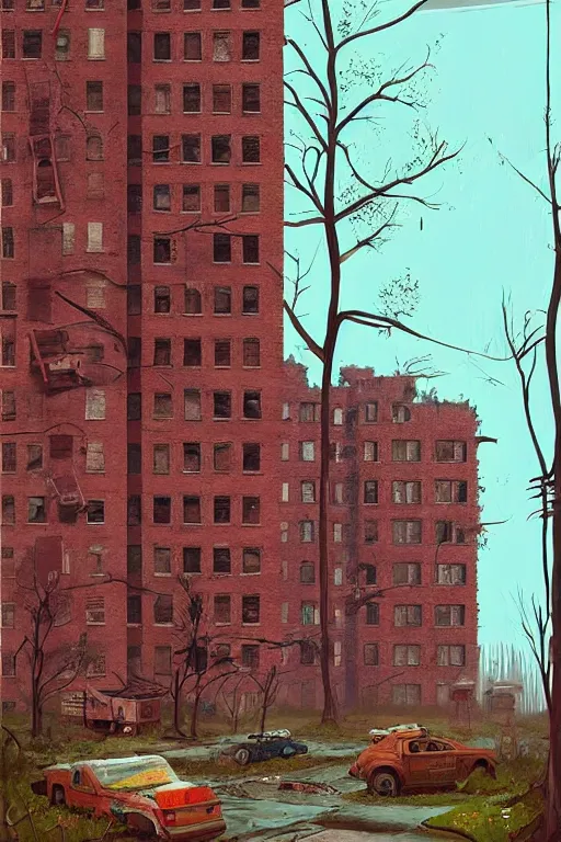 Prompt: (((((a ramshackle manhattan brick brownstone deep in the forest))))) by Simon Stalenhag!!!!!!!!!!!!!!!!!!!!!!!!!!!