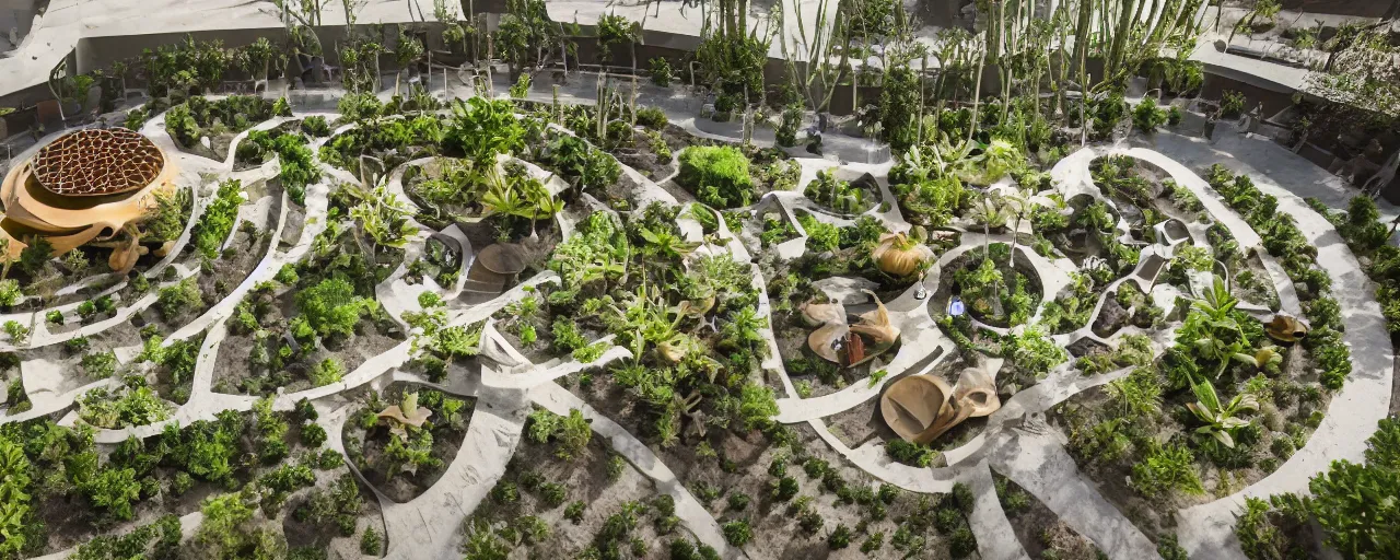 Prompt: aerial view of desert terraformation project, venus project, with snail-shaped biomimetic architecture, mini amphitheatre, mini lake, vertical vegetable gardens, robotic drones, XF IQ4, 150MP, 50mm, F1.4, ISO 200, 1/160s, natural light