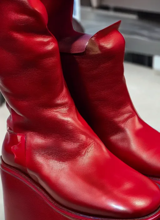 Image similar to hyperrealistic and heavy detailed balenciaga boots of whole lotta red by playboi carti, leica sl 2 5 0 mm, vivid color, high quality, high textured, real life