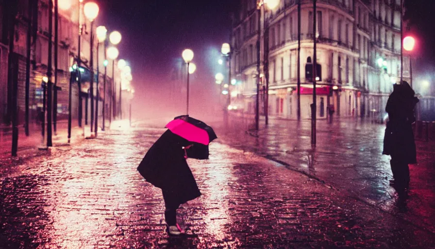 Image similar to street of paris photography, night, rain, mist, a girl with pink hair, cinestill 8 0 0 t, in the style of william eggleston