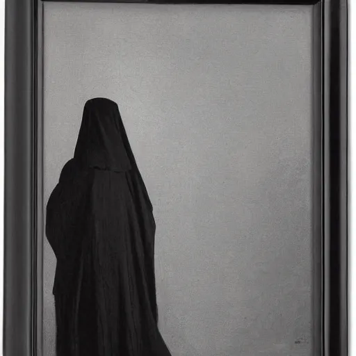 Image similar to Back view of the grim reaper, thin black robe, curvy, death himself, deep shadows, award winning, by Ilya Repin