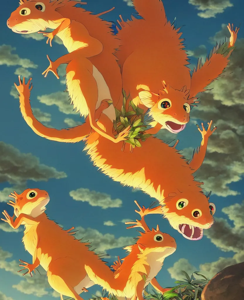 Prompt: beautiful painting from the anime film by studio ghibli, golden hour, backlit, cg society, 8k octane render, cell shading, multi colored geckos, drooling, fur, trending on artstation, by MC Escher