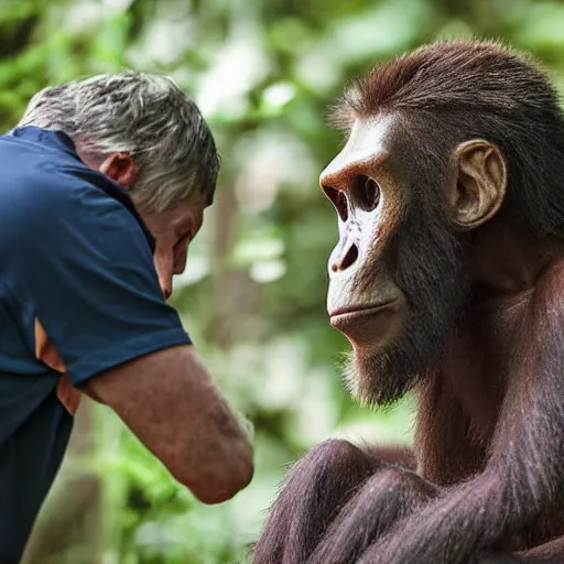 Prompt: Australopithecus meeting modern scientist, field researcher, proto-human meeting modern human, 2022 photograph, award-winning photo