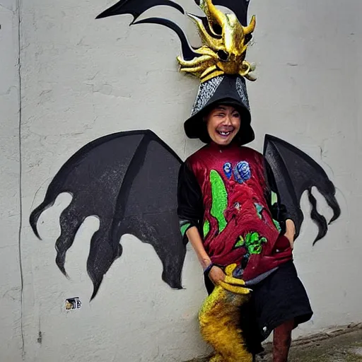 Prompt: The street art features a young boy disguised as a dragon. The boy is shown wearing a costume with dragon-like features, including a long tail, wings, and horns. He has a large grin on his face, suggesting that he is enjoying his disguise. by Scarlett Hooft Graafland robust