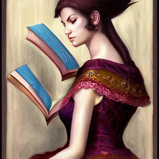 Image similar to a painting of a woman reading a book, a storybook illustration by Anne Stokes, featured on cgsociety, gothic art, wiccan, artstation hd, d&d