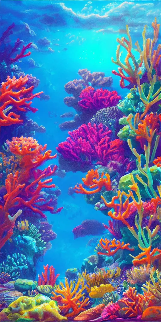 Image similar to underwater neon coral reef landscape magical realism painting with sun rays coming from above, neon pastel colors