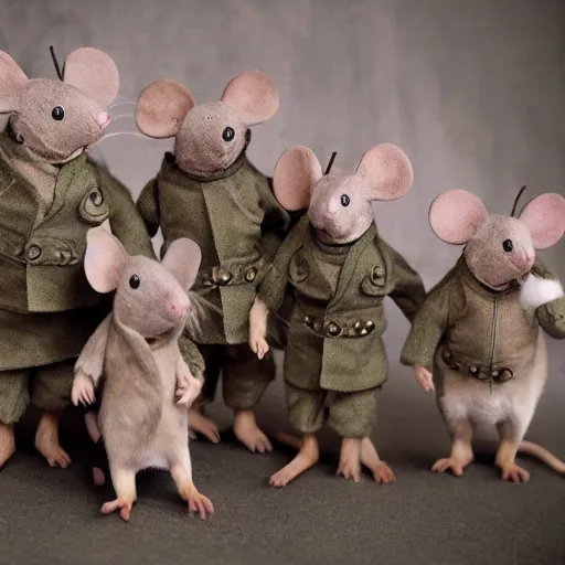 Prompt: group of mice wearing military outfits and going to war, dramatic