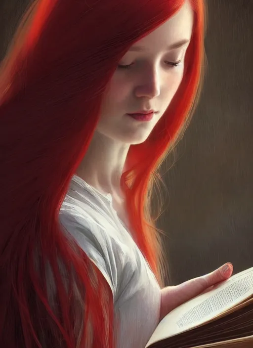 Prompt: perfectly - centered - portrait of a girl reading a book, white long hair with red motives, intricate, highly detailed, digital painting, artstation, concept art, smooth, sharp focus, illustration, unreal engine 5, 8 k, art by artgerm and greg rutkowski and alphonse mucha