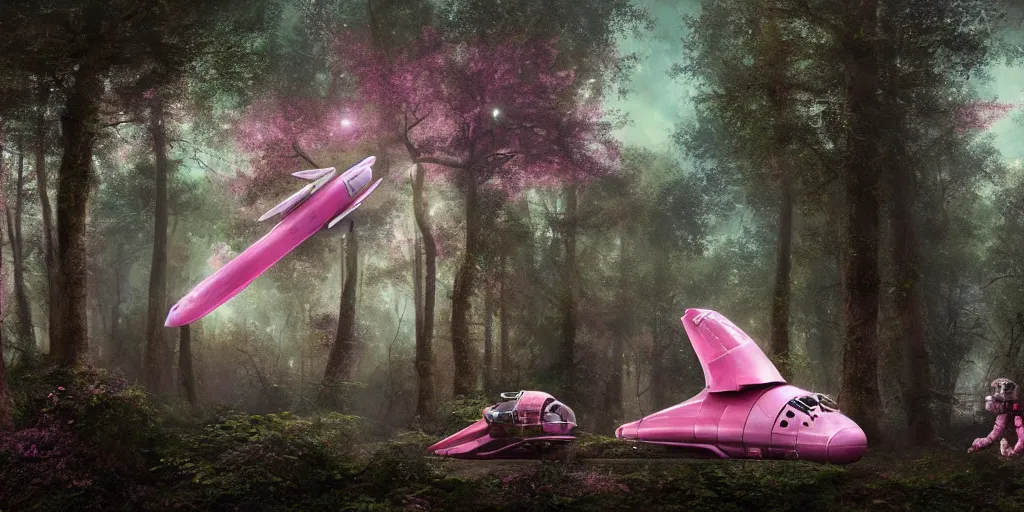 Prompt: an astronaut and a pink space ship in a forest, a detailed matte painting by frieke janssens, featured on cgsociety, space art, matte painting, matte drawing