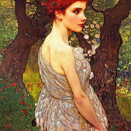 Prompt: detailed painting of a dreamy woman in a romantic forest with mathematical drawings of geometrical networks, detailed realistic face, zoomed out, 4 k, by waterhouse, mucha, klimt