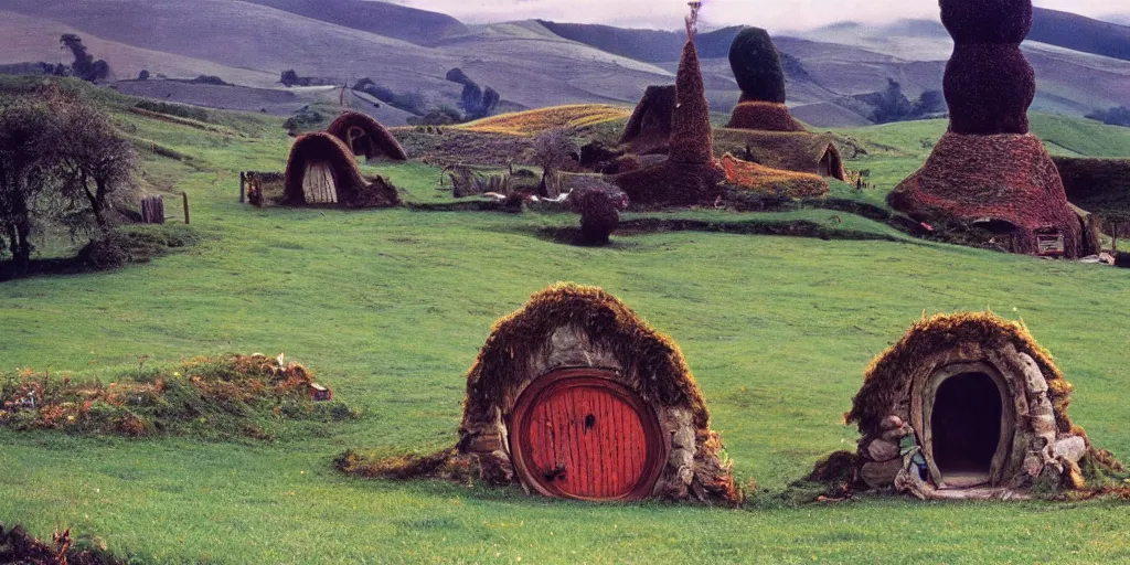 Image similar to A full color still from a Stanley Kubrick film featuring Hobbiton with windows, doors, and chimneys built into the hills, 35mm, 1975