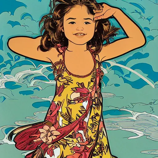 Image similar to a five - year - old caucasian girl with honey brown eyes and hair, wearing a hawaiian dress, dancing on a tropical beach, portrait, wide shot, midday light, bright colors, illustration, pop art, splash painting, graphic novel, art by geof darrow, ashley wood, alphonse mucha