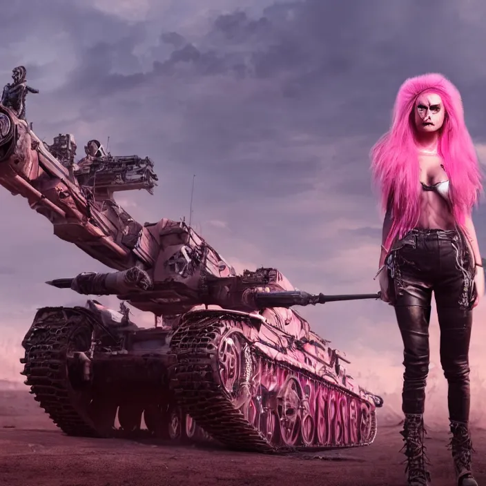 Image similar to beautiful apocalyptic woman with pink Mohawk, standing on mad max panzer tank, 4k ultra hd, fantasy dark art, sharp, tank girl, artstation, octane render