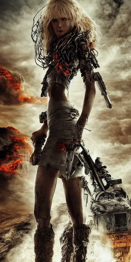 Image similar to volcano eruption post apocalyptic scene with a long - haired blonde cyber girl standing alone futuristic mars mad max bladerunner stormy weather