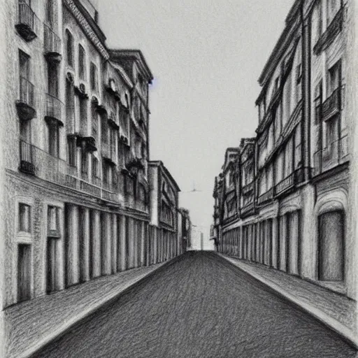 Image similar to ultrarealistic pencil drawing by Isabel Quintanilla, of a quiet street in Madrid, 1984