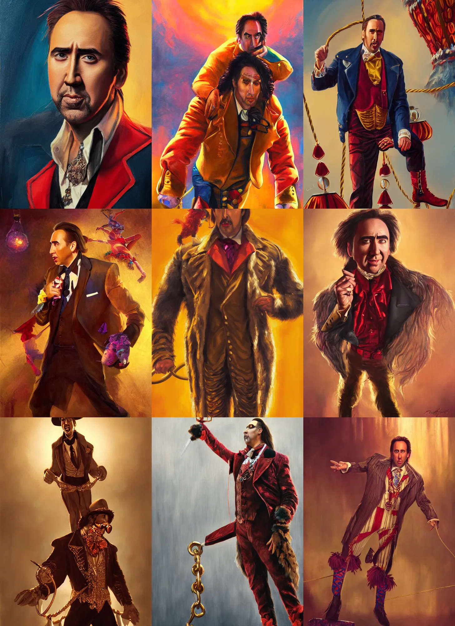 Prompt: nicholas cage as a circus ringleader, golden hour, concept art, detailed clothing, art station, oil painting