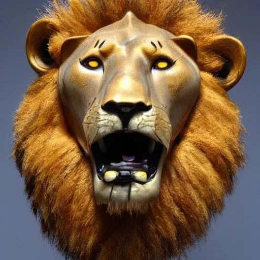 Prompt: poorly taxidermied lion,