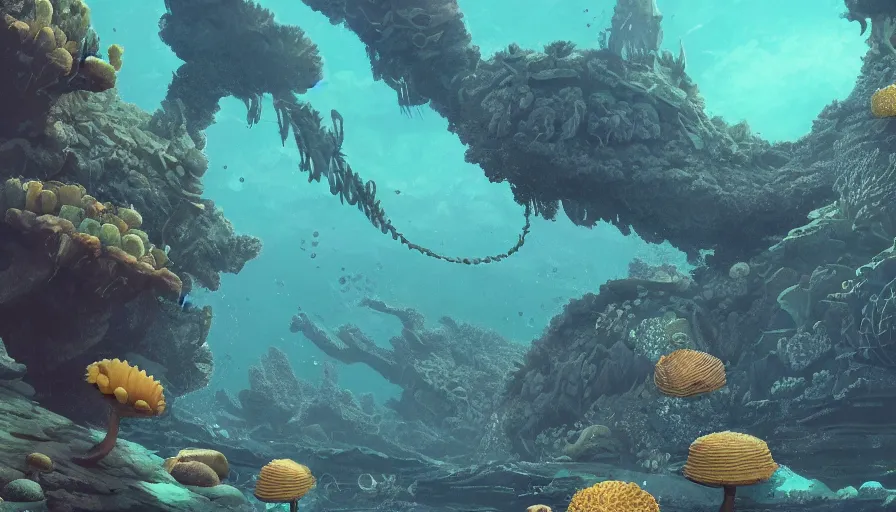 Prompt: cambrian era underwater view, algae, sea sponges, many visible trilobites and anomalocaris, artstation, illustration, 8 k, artstation, makoto shinkai, gediminas pranckevicius, soft, cinematic, octane render, realistic, very detailed