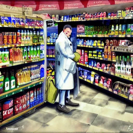 Prompt: a fallen angel stands at the checkout in the supermarket, digital art, by enki Bilal, hyper realistic