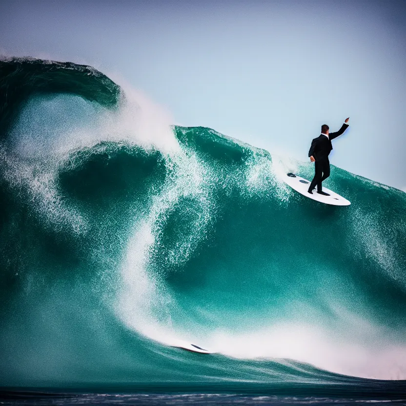 Prompt: man in black suit surfs carpet which looks like ocean wave in nazare, furniture around, business surrounding, dslr, insane details, hyper reallistic, 8 k, clear face and eyes, ultra clear detail, hdr, textured, award winning, professional photography