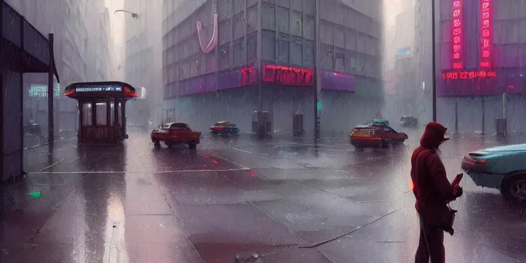 Image similar to painting cyberberpunk city in the rain wet street vaporwave rust grungy, by eric lafforgue, glennray tutor and edward hopper, greg rutkowski. trending on artstation.