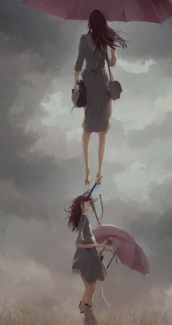 Image similar to Holding an umbrella in a thunderstorm in the prairie, pretty, by Studio Ghibli and Greg Rutkowski, artstation