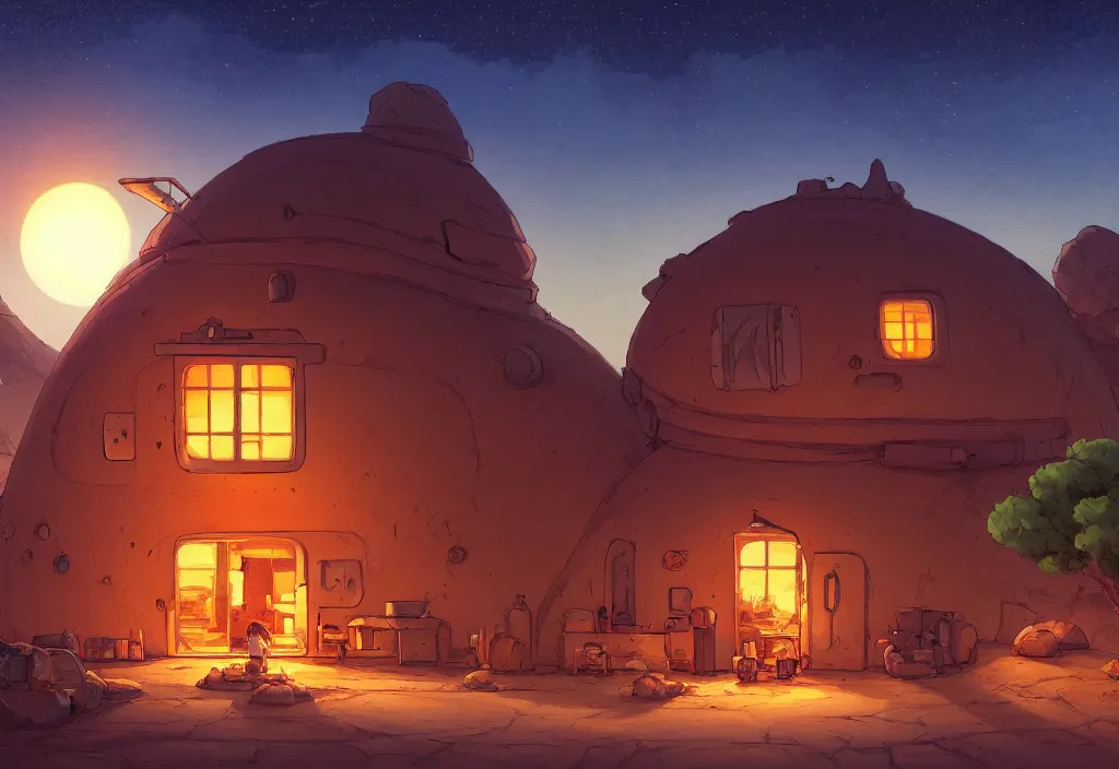 Image similar to sci - fi chubby house in the desert at night, bondfire, rocks, mountain, river, intricate oil painting, high detail illustration, sharp high detail, manga and anime 1 9 9 9, official fanart behance hd artstation by jesper ejsing and makoto shinkai, 4 k,